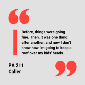 Quote from 211 caller: Before things were going fine. Then it was one thing after another, and now I don't know how I'm going to keep a roof over my kids' heads