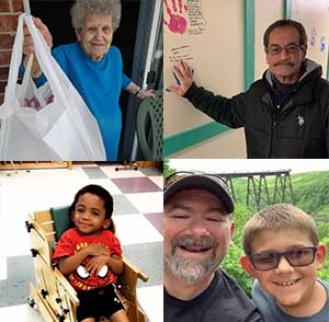 Collage of an older woman holding a bag of food, a man trasitioning from homelessness, a little boy in a wheelchair and a father and son smiling at the camera
