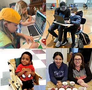 A collage of kids and adults. Top left is two Girl Scouts on computers. Top right is an adult helping a student with his homework. Bottom left is a young boy smiling at the camera. Bottom right is a Big Sister with her Little