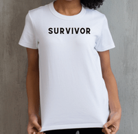 A woman is wearing a white t-shirt with the word Survivor in black