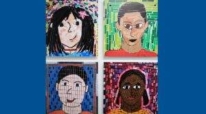 Mosaic images of four youth are set against a blue background. The mosaics feature two boys and two girls