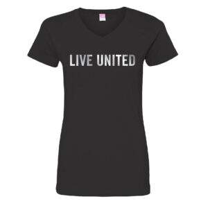 a black v-neck tee with metallic lettering that says Live United