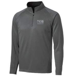 A gray, long-sleeve quarter zip sport fleece jacket