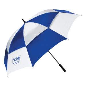 a blue and white golf umbrella