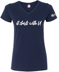 A navy v-neck t-shirt with the words It Starts with U across the chest in white