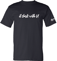 A navy short-sleeve t-shirt with the words It Starts with U across the chest