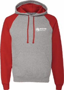 A red and gray hooded sweatshirt with the United Way logo on the left chest