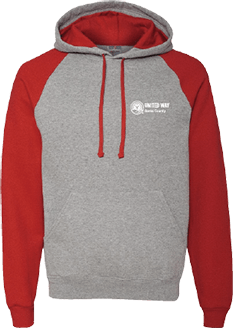 A red and gray hooded sweatshirt with the United Way logo on the left chest